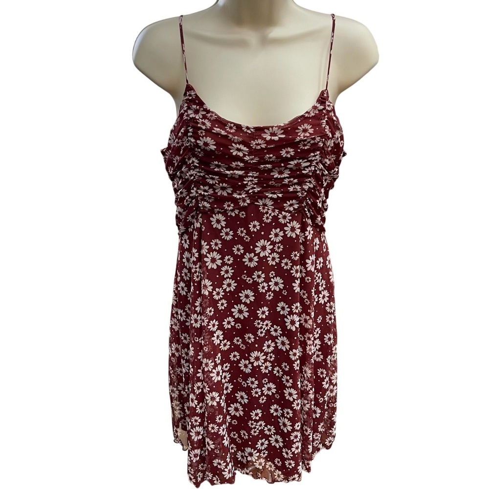 Originality Burgundy Daisy‎ Floral Ruched Mini Dress Womens Medium Made in USA